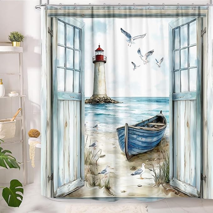 Coastal Beach Shower Curtain, Nautical Lighthouse Sailboat Ocean Seaside Seascape Shower Curtain Set, Rustic Barn Door Seashore Fabric Boho Shower Curtain for Bathroom 12 Hooks, 72"×72" Turquoise Teal