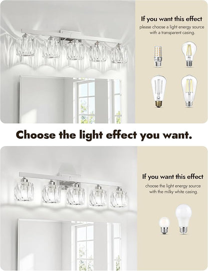 VOLISUN Crystal Vanity Lights for Bathroom, 5 Light Bathroom Vanity Light, Modern Stainless Steel Bathrooms Lights Over Mirror, Chrome Bathrooms Lights Fixtures-UL Certificated(Exclude Bulb)