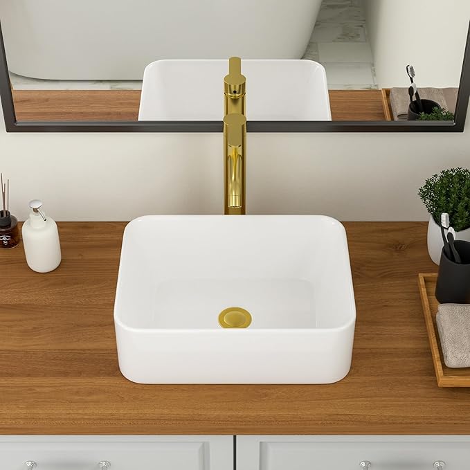 Logmey 16 Inch Drop in Bathroom Vessel Sink 16"x12" Rectangular White Porcelain Ceramic Sink Modern Above Counter Countertop Bathroom Vanity Sinks Art Basin