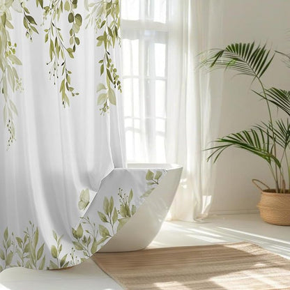 Beige Floral Eucalyptus Shower Curtain with Hooks, 72x84 Inch | Waterproof Fabric, Watercolor Leaves and Floral, Botanical Style, Machine Washable, Quick-Drying, for Hotel Bathroom