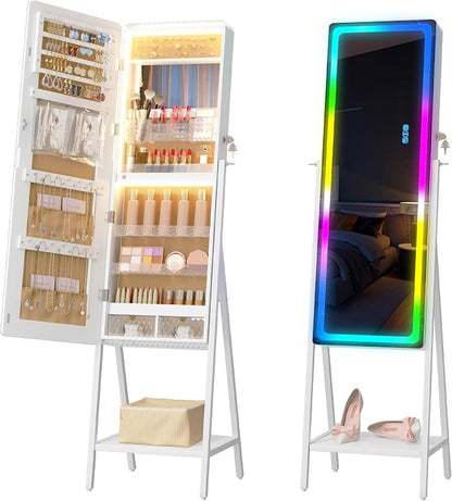 LVSOMT 14 RGB LED Mirror Jewelry Cabinet, Large Jewelry Armoire Standing | Lockable Full Length Mirror with Jewelry Storage, Space-Saving Jewelry Organizer Mirror, 14 RGB Lights, White