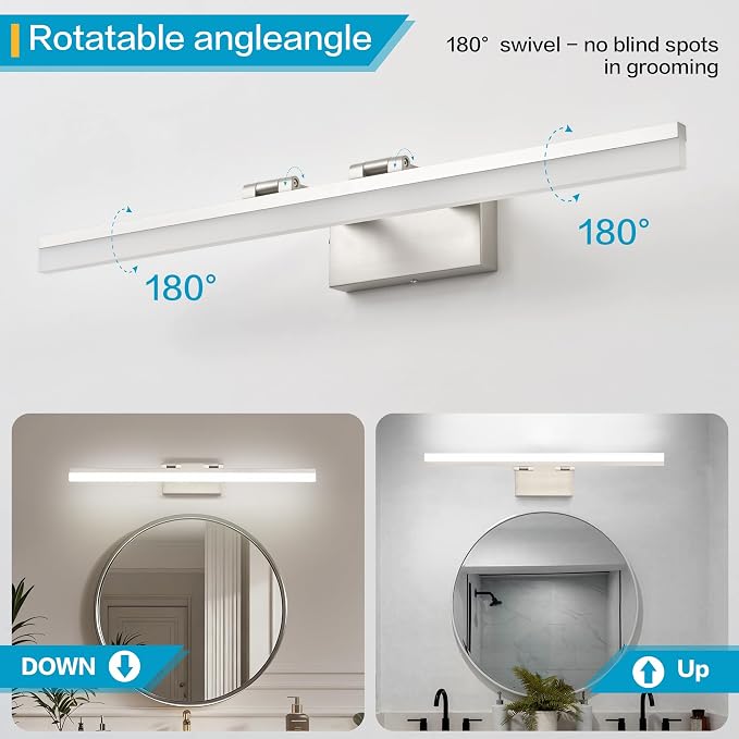 SOLFART Bathroom Lighting Fixtures Over Mirror: 32 Inch 5CCT Retractable LED Vanity Lights Brushed Nickel Dimmable Adjustable Head ETL