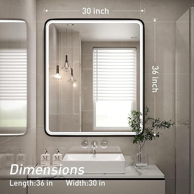 30X36 Inch LED Lighted Bathroom Mirror,Black Frame,3 Color | Lighted Vanity Mirror, Large Wall Mounted Makeup Mirror, 6000K, Dimmable Anti-Fog