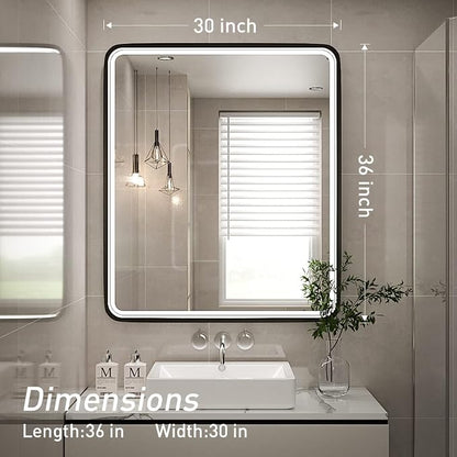 30X36 Inch LED Lighted Bathroom Mirror,Black Frame,3 Color | Lighted Vanity Mirror, Large Wall Mounted Makeup Mirror, 6000K, Dimmable Anti-Fog