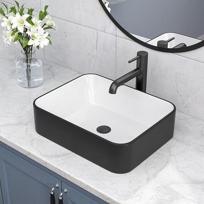 Bathroom Vessel Sink 19" x 15" Rectangle Bathroom Sinks Above Counter | Black and White Porcelain Ceramic Vessel Sinks Vanity Sink Rectangular Modern Above Counter Bathroom Vessel Sink