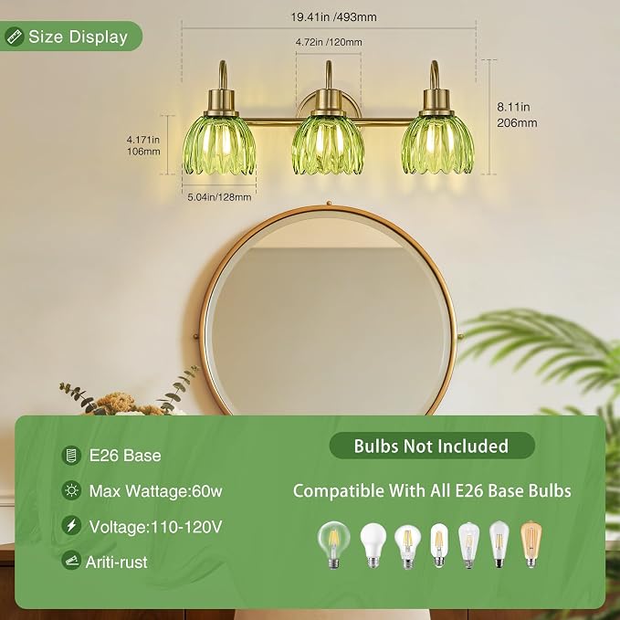 Gold Bathroom Light Fixtures, 20 Inch Vintage Vanity Lights for Bathroom, 3-Light Modern Vanity Lights with Ribbed Green Tulip Glass Shade, Wall Lamp for Mirror Living Room Hallway