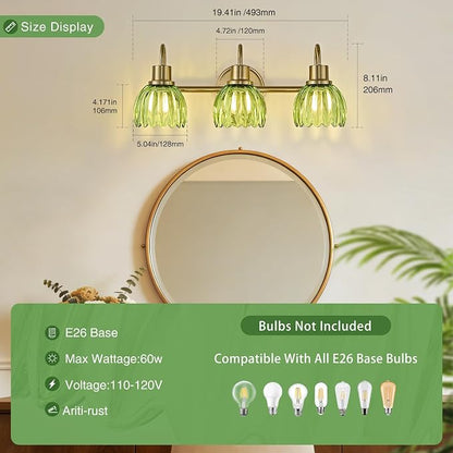 Gold Bathroom Light Fixtures, 20 Inch Vintage Vanity Lights for Bathroom, 3-Light Modern Vanity Lights with Ribbed Green Tulip Glass Shade, Wall Lamp for Mirror Living Room Hallway