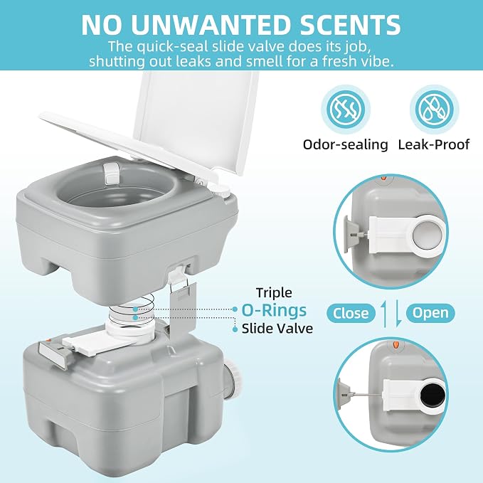 YITAMOTOR Portable Toilet for Camping, Porta Potty Toilet with 5.3 Gal Waste Tank & 2.6 Gal Flush Tank, Bag, Sprayer, T-type Outlet, Level indicator, Anti-Leak Odor-Sealing Slide Valve for RV Outdoors