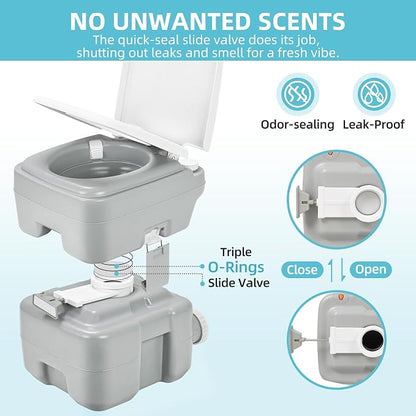 YITAMOTOR Portable Toilet for Camping, Porta Potty Toilet with 5.3 Gal Waste Tank & 2.6 Gal Flush Tank, Bag, Sprayer, T-type Outlet, Level indicator, Anti-Leak Odor-Sealing Slide Valve for RV Outdoors