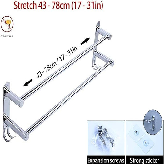 Towel Bars Freely Retractable 20-30 Inche Stainless Steel 304 Bath Towel Rack Strong 3M Adhesive Bathroom Wall-mounting Free mounting Hole-Installing washroom Kitchen Space Saving (2 Bars)
