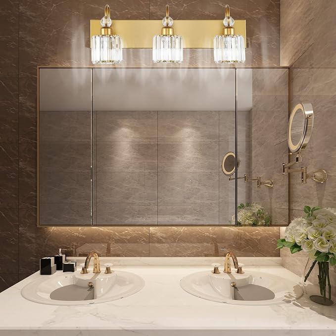 Ralbay Gold Bathroom Vanity Lights 3-Lights Gold Crystal Vanity Lights Over Mirror Modern Crystal Bathroom Vanity Lighting Fixtures