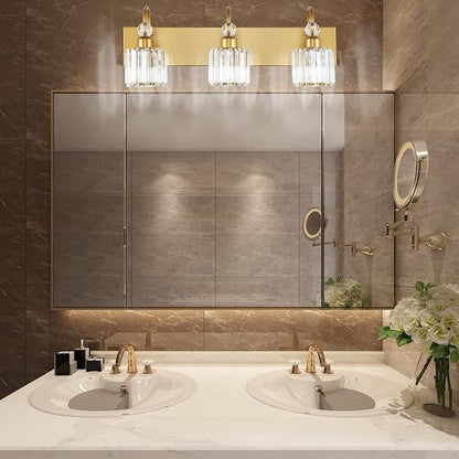 Ralbay Gold Bathroom Vanity Lights 3-Lights Gold Crystal Vanity Lights Over Mirror Modern Crystal Bathroom Vanity Lighting Fixtures