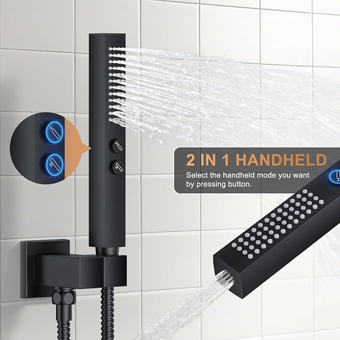 Rain Shower System 12" & 6" Dual Shower Heads Ceiling Shower Faucet Set | Ideal for bathroom remodels and upgrades with 12" rain shower, 6" angled shower, handheld spray and complete valve kit.