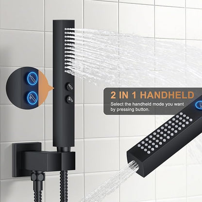 Rain Shower System 12" & 6" Dual Shower Heads Ceiling Shower Faucet Set | Ideal for bathroom remodels and upgrades with 12" rain shower, 6" angled shower, handheld spray and complete valve kit.