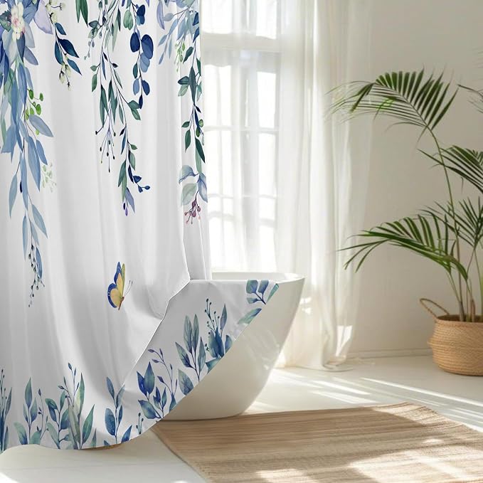 No Hook Shower Curtain and Liner Set, Blue Eucalyptus 71x74 | Floral Design, with Snap in Liner, Waterproof, Machine Washable, Quick-Drying, for Hotel Bathroom