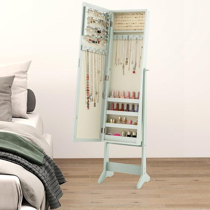 MAT EXPERT Jewelry Armoire Cabinet w/Full-Length Mirror, Jewelry Organizer Standing Mirror w/ 4 Shelves, 3 Adjustable Tilt Angles, Anti-toppling Device, Jewelry Cabinet for Bedroom, Living Room, Green