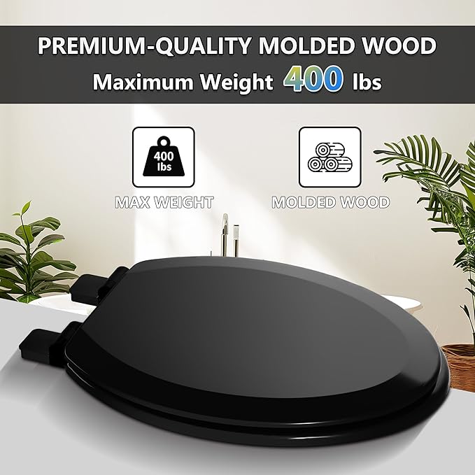 Angol Shiold Quiet-Close Molded Wood Toilet Seat with Non-Slip Adjustable Hinges, Anti-Pinch Bumpers, Easy Install & Clean（Black, Elongated 18.5''）
