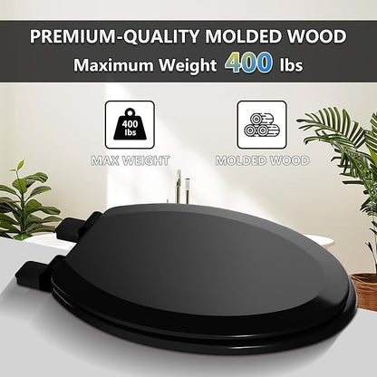 Angol Shiold Quiet-Close Molded Wood Toilet Seat with Non-Slip Adjustable Hinges, Anti-Pinch Bumpers, Easy Install & Clean（Black, Elongated 18.5''）