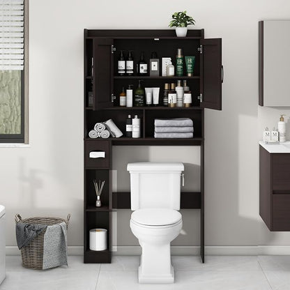 Vabches Over The Toilet Storage Cabinet with 2 Barn Doors, Caramel | Farmhouse Storage Cabinet with Toilet Paper Holder Stand，Home Space-Saving Toilet Rack, for Bathroom, Restroom, Laundry