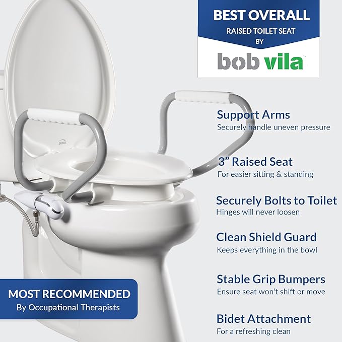 Bemis Assurance 3" Raised Toilet Seat with Handles and Bidet Attachment, Secure Hinges, Clean Shield Guard, Elongated, White