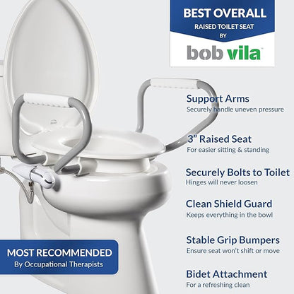 Bemis Assurance 3" Raised Toilet Seat with Handles and Bidet Attachment, Secure Hinges, Clean Shield Guard, Round, White