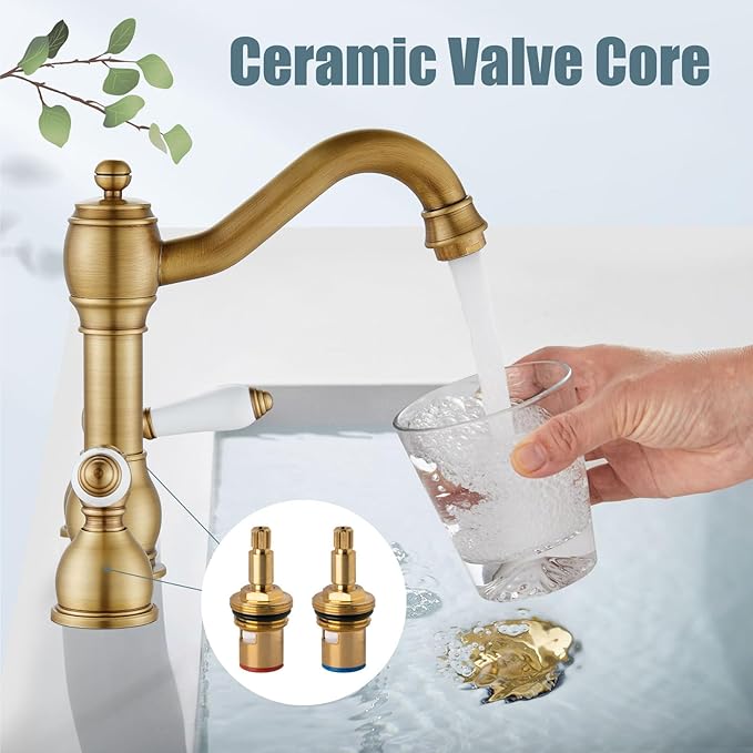 Aolemi 8 Inch Widespread Bathroom Sink Faucet 3 Hole Deck Mount Vanity Basin Mixer Tap with Pop Up Drain Assembly Antique Brass Double Ceramic Handle