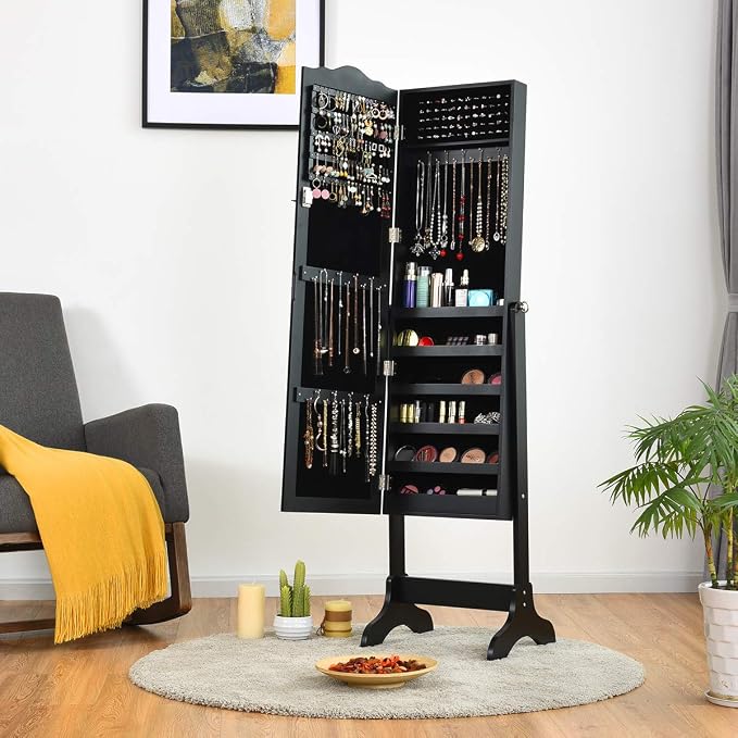 GIANTEX Jewelry Armoire with Full Length Mirror, Lockable Standing Jewelry Cabinet, Mirror with Jewelry Storage, Ring Earring Necklace Makeup Display, Jewelry Organizer Box for Women Girls, Black