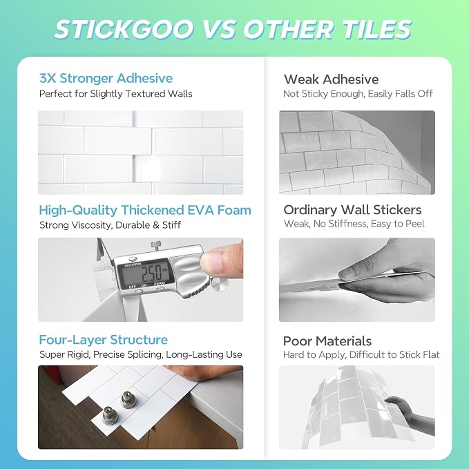 STICKGOO 10 Sheets Subway Tile Peel and Stick Backsplash,White Extra Thick 3D Wall Tiles with Commercial-Grade Adhesive for Kitchen, Bathroom, Laundry Room,11.56"x8.38"