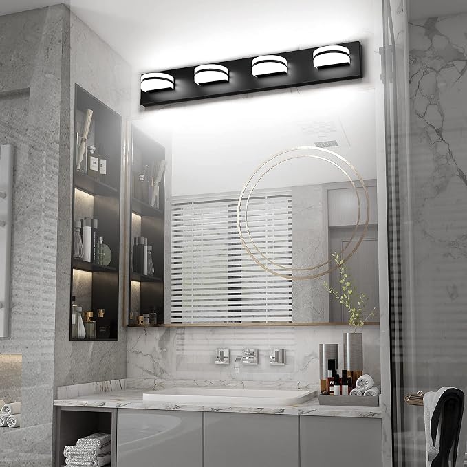 Aipsun 4 Lights Modern Black Vanity Light Up and Down Black Bathroom Lighting Fixtures LED Bathroom Wall Light Over Mirror 6000K