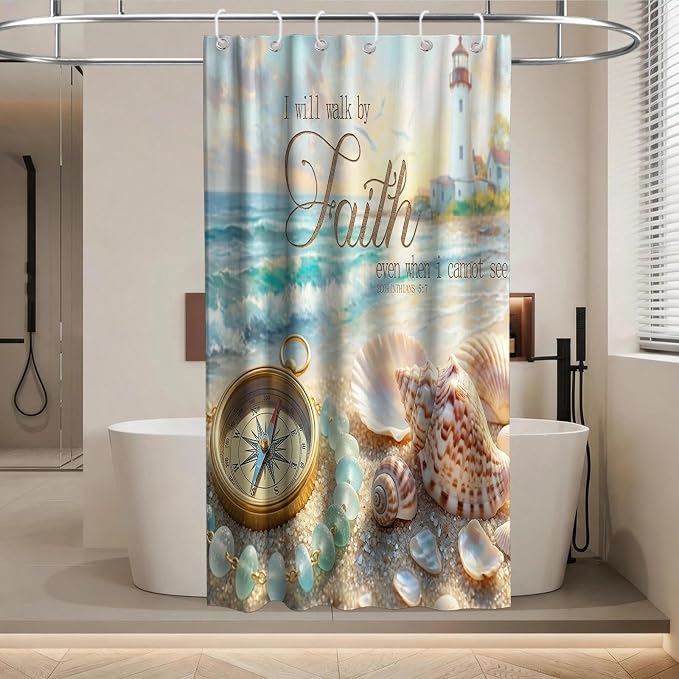 Luxury Ocean Aesthetic Shower Curtain Beach Nautical Funky Inspirational | Pretty Shower Curtains for Bathroom, Waterproof Bath Curtain with Hooks Machine Washable Bathtub Curtains 36x72 Inch Colorful
