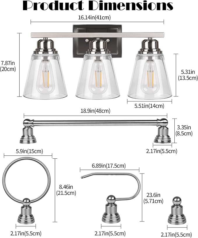 Brushed Nickel 3 Light Vanity Light Set with Hardware - 5 Piece Bathroom Accessories Set