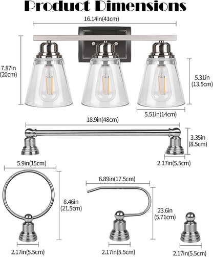 Brushed Nickel 3 Light Vanity Light Set with Hardware - 5 Piece Bathroom Accessories Set