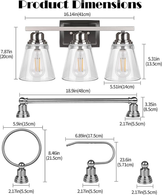 Brushed Nickel 3 Light Vanity Light Set with Hardware - 5 Piece Bathroom Accessories Set