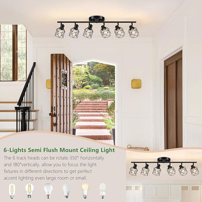 6-Lights Black Semi Flush Mount Ceiling Light, Multi-Directional Ceiling Light Fixtures, Rotatable Kitchen Track Lighting Fixtures with Wire Cages for Living Room, Dining Table, Foyer