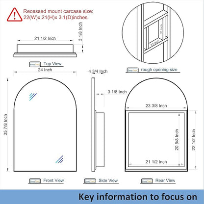 24" WX36 H Farmhouse Framed Medicine Cabinet with Mirror, Matte Gold Finish, Recessed or Surface Mount, Adjustable Shelves, Arched Cabinet Door, Arched Shape, Easy to Install, 24x36 Cabinet