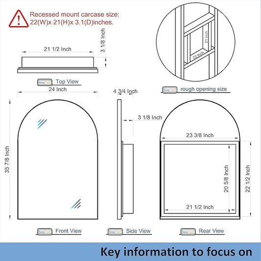 24" WX36 H Farmhouse Framed Medicine Cabinet with Mirror, Matte Gold Finish, Recessed or Surface Mount, Adjustable Shelves, Arched Cabinet Door, Arched Shape, Easy to Install, 24x36 Cabinet