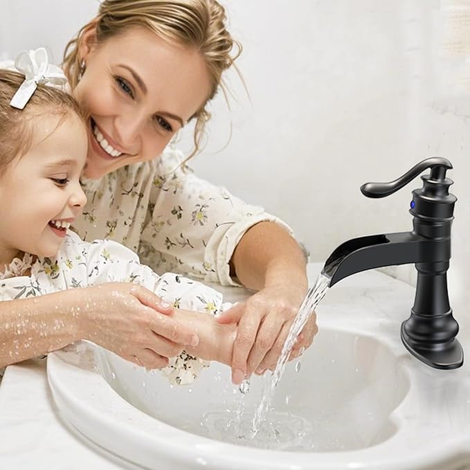 Matte Black Bathroom Faucet Waterfall Single Hole Bathroom Sink Faucet | Brass Single Handle Farmhouse RV Lavatory Vanity Faucet with Overflow Pop Up Drain by BATHLAVISH