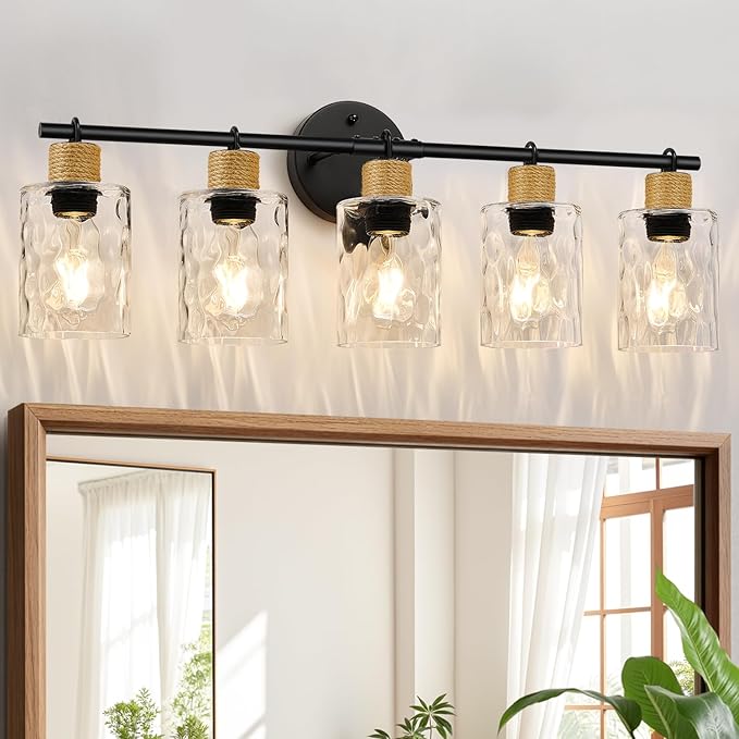 Bathroom Light Fixtures, 5-Light Coastal Vanity Lights with Crystal Glass Shade, Black Bathroom Wall Lamp for Mirror Kitchen Hallway Cabinet