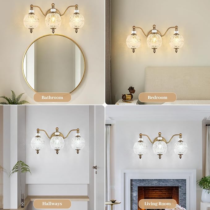 Vintage Bathroom Vanity Light, 3-Light Mid Century Matte Antique Brass Finish Wall Sconce with Globe Glass Shades, Retro Mirror Light for Bathroom, Powder Room