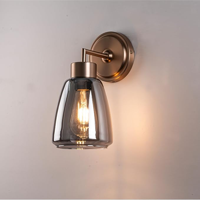 Smoked Gray Glass Wall Light Dia 6" Wall Lamp with Glass Shade Vintage Vanity Lighting Fixture with Metal Base Flush Mount Wall Sconce 1-Light for Bathroom, Bedroom, Bedside, Entryway