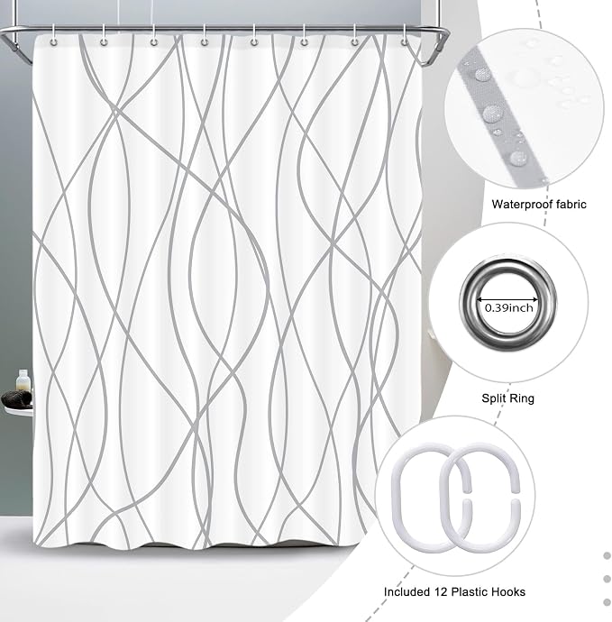 Striped Shower Curtain for Bathroom, Grey White, 60" W x 72" L | with Hooks, Modern Hotel Style, Water Repellent, Washable, Weighted Hem