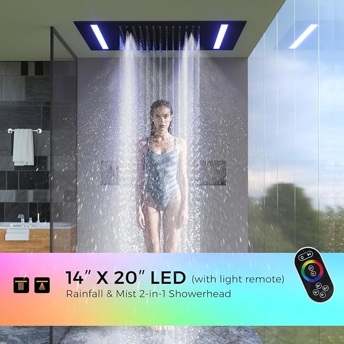 Luxury 20x14in LED Rainfall Mist Dual Shower System Can Run Togther | 4-way Thermostatic Digital Display Brass Valve, Ceiling Flush Mount Showerhead and 6in Tilt Shower, Brass Handheld, Black