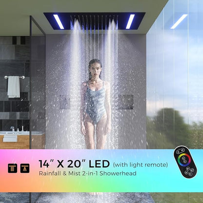 Luxury 20x14in LED Rainfall Mist Dual Shower System Can Run Togther | 4-way Thermostatic Digital Display Brass Valve, Ceiling Flush Mount Showerhead and 6in Tilt Shower, Brass Handheld, Black