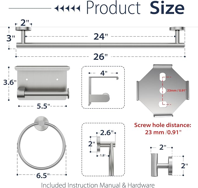 5-Piece Brushed Nickel Bathroom Towel Bar Set,24" Bathroom Hardware Kit | Total 26 Inch Towel Racks for Bathroom Wall Mounted,SUS304 Stainless Steel Towel Bar for Bathroom, Kitchen, Laundry