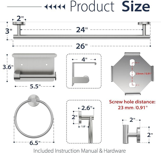 5-Piece Brushed Nickel Bathroom Towel Bar Set,24" Bathroom Hardware Kit | Total 26 Inch Towel Racks for Bathroom Wall Mounted,SUS304 Stainless Steel Towel Bar for Bathroom, Kitchen, Laundry