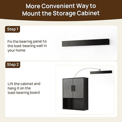 Modern Fluted Bathroom Wall Cabinet with Motion Sensor LED Light, Black Over The Toilet Storage with Tissue Dispenser, Soft-Close Hanging Medicine Cabinet with Adjustable Shelves & Open Rack