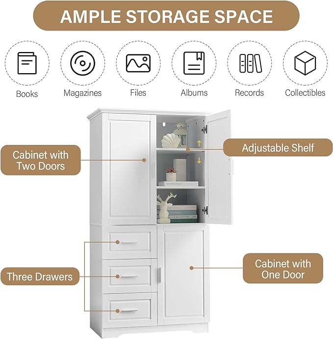 Merax 62.2" Pantry Cabinet with Three Doors & Three Drawers, Adjustable Shelves Storage Cupboard for Kitchen/Dining Room/Bathroom, White