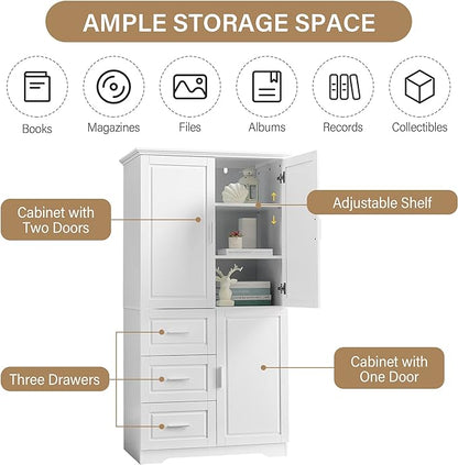 Merax 62.2" Pantry Cabinet with Three Doors & Three Drawers, Adjustable Shelves Storage Cupboard for Kitchen/Dining Room/Bathroom, White