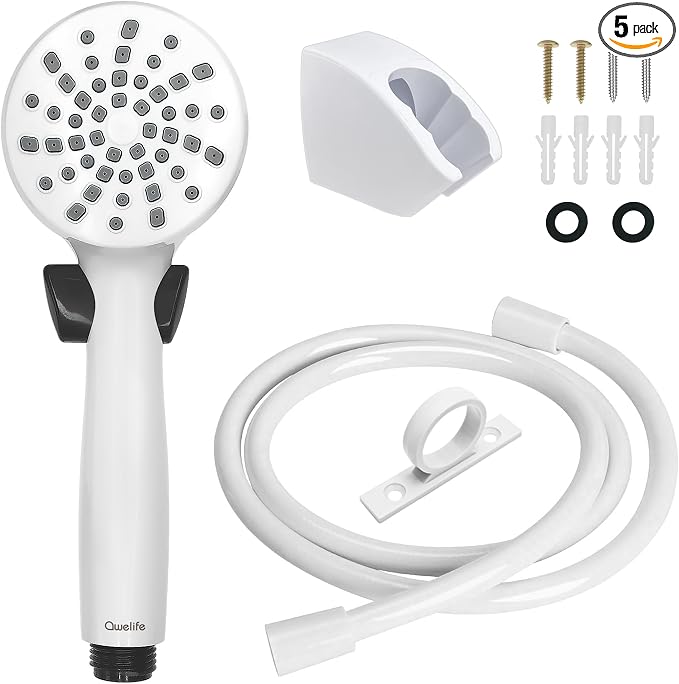 RV Shower Head with Hose and On Off Switch (Trickle), Water Saving High Pressure Shower Head with Hose Guide Ring, Shower Holder for RV, Camper, Van, Travel Trailer, Motorhome, Boat, White