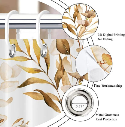 Brown Eucalyptus Leaf Long Shower Curtain, Brown Botanical Watercolor Plants Bathroom Curtain Bathtub Home Decor Waterproof Fabric Machine Washable with 12 PCS Hooks,72" Wx96 L